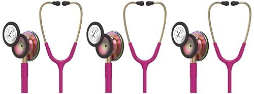 Image of 3M Littmann Classic III Monitoring Stethoscope, 5806, More Than 2X as Loud, Weighs Less, Stainless Steel Rainbow-Finish Chestpiece, 27 inch Raspberry Tube, Brass Stem and Headset (Pack of 3)