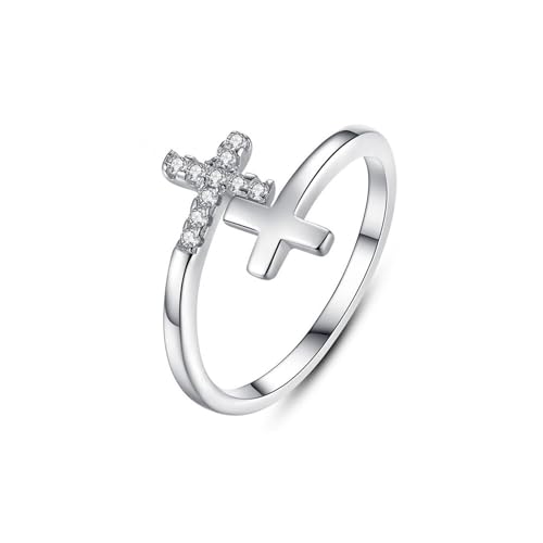 HinDaLi Anillo Cruz Plata de Ley 925 para Mujer Hombre Niñas Anillo Abierto Ajustable Anillos de Plata Circonita Anillos de Mujer Cruz Promesa Eternidad Joyería