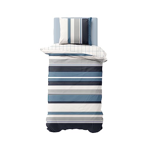 Nautica Home Westport Bettwäsche Set Satin 100% Baumwolle Wendebettwäsche Blau,weiß, Reißverschluss YKK 155X220cm Bettbezug +1x80X80 Kissenbezug