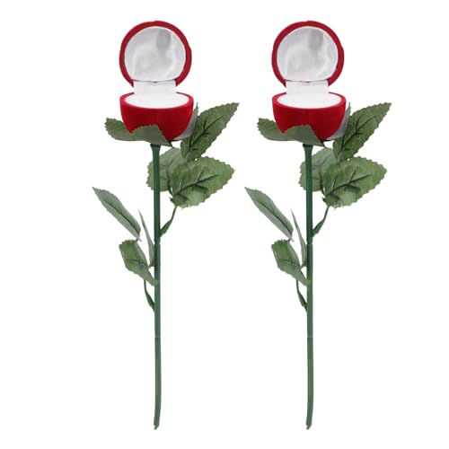 AMUSLESUR Lot de 2 Boîtes à Alliances de Rose Rouge Tiges et Feuilles, Écrins pour Bagues de Mariage, Présent Original Saint-Valentin et Cérémonie