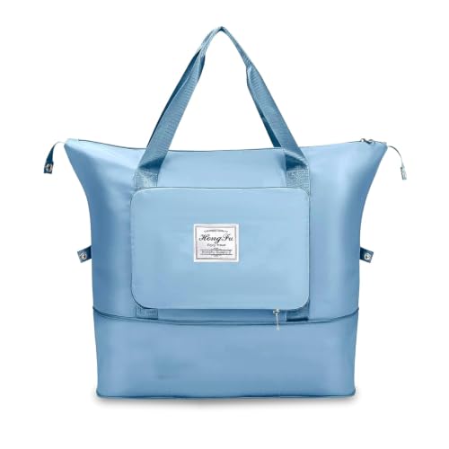 Image of Storite Nylon Imported Foldable Travel Duffle Bag for Women, Expandable Lightweight Waterproof Carry Weekender Overnight Luggage Bag (Style1, LBlue)