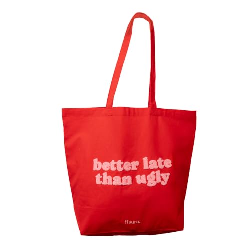 Fisura – Tote bag de algodón con mensaje en borreguillo “better late”. Bolsa de algodón 100% roja y rosa con bolsillo interior. Bolsa tote original para compra. 70 x 51 cm.