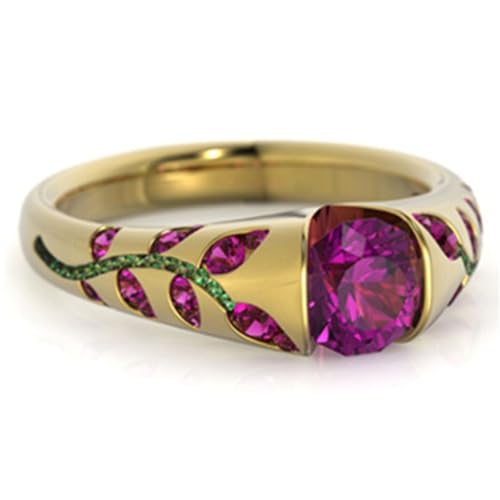 Psiroy Promise Rings for Her, Yellow Gold Plated Simulated Ruby Spinel Vine Leaf Cocktail Engagement Wedding Band Fashion Jewelry Size 10