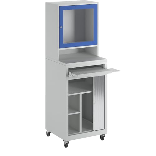 Certeo | Armoire à Rideau pour Ordinateur | pour écrans Max 20'' | Mobile | Gris Clair/Bleu Gentiane