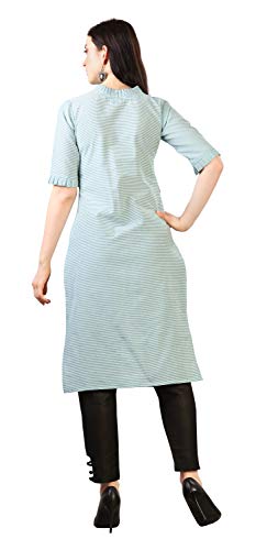 Image of EthnicJunction Women's Pinstripe Cotton Blend Cycle Embroidery with Ruffle Lace Work Straight Kurti