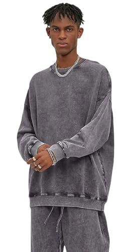 Vintage Oversized Crewneck Sweatshirt for Men Acid Wash Cotton Streetwear Long Sleeves Shirt Pullover Top4
