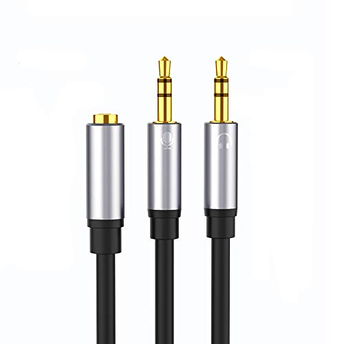 Headset Splitter Cable,Headset Adapter for PC, 3.5mm Female to 2 Dual 3.5mm Male Headphone Mic/Audio Y Splitter Cable,3.5mm Audio Adapter,Headset to PC Adapter Female to 2 Dual Male (Silver+Black)