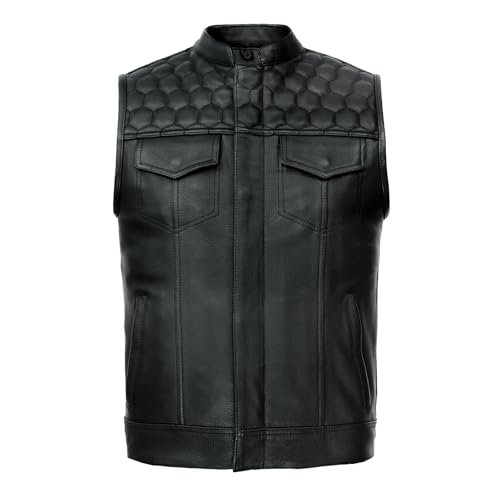Leatherick Gilet de moto en cuir véritable style nid d'abeille SOA pour homme avec poches de transport dissimulées (FR/ES, Numérique, 60, Taille normale, Taille normale, Noir) – vue 3