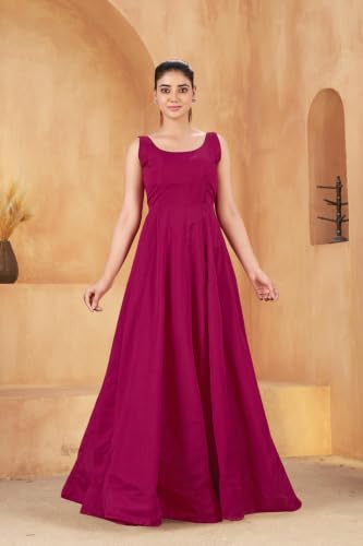 Image of Miss Ethnik Women's Maroon Vichitra Silk A-Line Gown with Heavy Embroidered Jacket - Mandarin Neck Full Sleeve Solid Maxi Dress, Festive Ethnic Wear