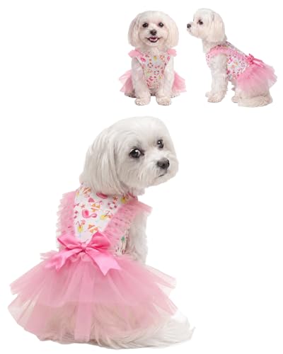 Image of CuteBone Pink Flamingo Pool Party Pet Dress for Small Dogs, Cats - Double-Layer Ruffled Skirt - Satin Bow - Summer Beach, BBQ Dress