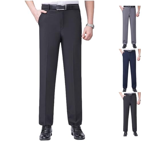 Oldenease - Men’s Pleated Ice Silk High-Waist Comfort Pants, Classic Fit Regular Bussiness Casual Dress Pants with Pockets