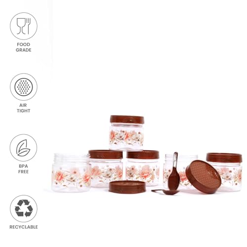 Image of Plastic Storage Box Jars and Container with Lids & Spoons Airtight Containers with Floral Design - BPA-Free, Multi-Purpose Canisters for Spices, Snacks, Dry Fruits (Brown, 250 ml)