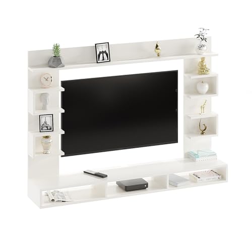 Image of FURNEASER Steven Wall Mount TV Unit for Living Room Wooden Entertainment Center with Storage Shelves Modern TV Panel Stand Showcase for up to 43 Inch Media Console Cabinet White