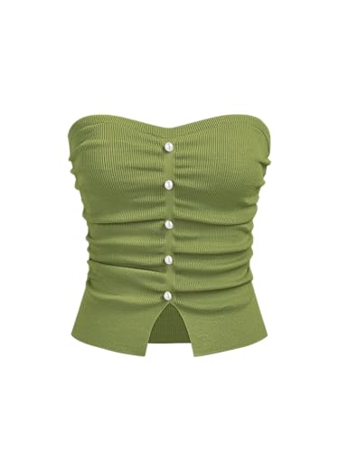 Image of CIDER Faux Pearl Tube Tops for Women Split Hem Knit Crop Y2K Going Out Tops | Cute Ruched Tops, Spring Summer Outfits, Vacation, Concert
