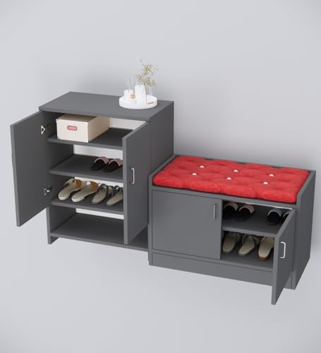Image of SPECIALITY PANELS Shoe Storage Cabinet with Cushioned Bench, Grey, 2-Piece Set, DIY Assembly, 135x75x37.5 cm, Vertical and Horizontal Rack Combo