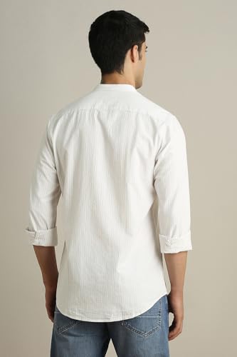 Image of Peter England Men's Casual Mandarin Collar Slim fit Full Sleeve Shirt in 100% Cotton Seersucker with Striped Design