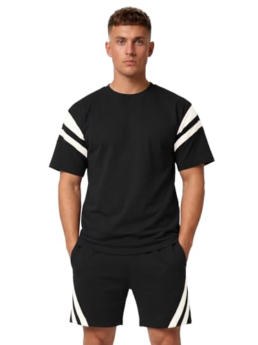 Image of CHKOKKO Men's Co-Ord Set Premium Cotton Blend Oversized T-Shirt & Shorts Cord Set with Side Pockets Round Neck Half Sleeves Solid with Contrasting Stripes Summer or Casual Wear
