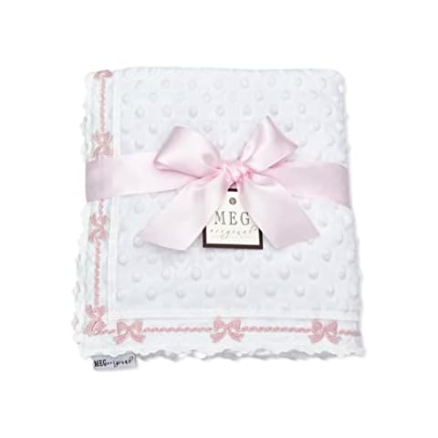 MEG ORIGINAL Baby Girl Blanket - Heirloom Collection - White with Pink Bows, Super Soft Minky, Handmade in The USA (Crib (30 x 51)) Cover