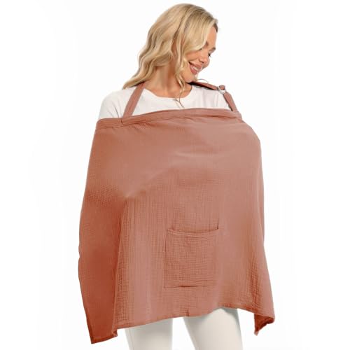 Image of Wimst Muslin Nursing Cover Breastfeeding for Women, Soft and Breathable Breastfeeding Cover with Rigid Hoop for Nursing Apron, Baby Car Seat Cover, Carseat Canopy (Brick)
