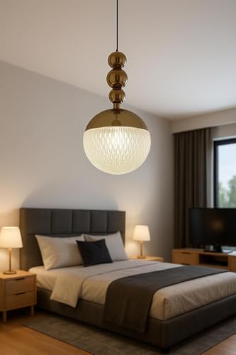 Image of Modern LED Globe Glass Textured Pendant Hanging Light with 3 Color Changing (White /Warm /Natural White) - Adjustable Hanging Ceiling Light for Bedroom, Living Room & Dining
