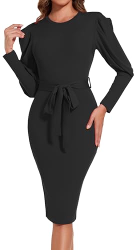 Image of Funeral Church Dresses for Women Formal Long Sleeve Wrap Business Work Dress Vintage Ruched Midi Pencil Dress