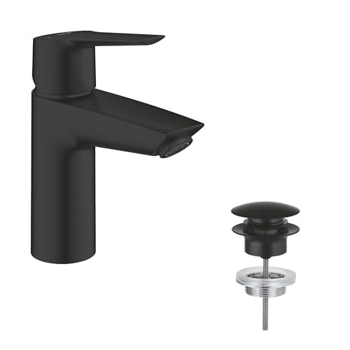 GROHE Start energiesparende Waschtischarmatur Kaltwasser in Mittelstellung (Wasserhahn für das Waschbecken im Bad 17cm hoch mit Pop-Up Ablaufgarnitur mit 3in1 Werkzeug) schwarz 235512432