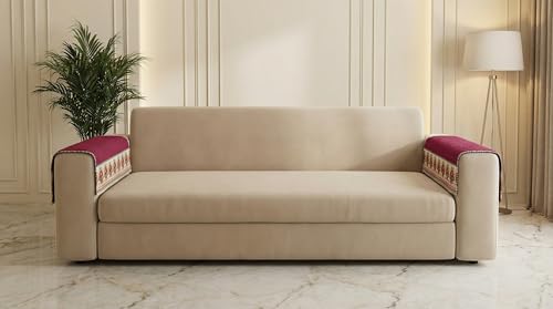 Image of Velvet Quilted Sofa Cover Mat Seat & Back, 2 Pc Arm, Arm L23in H32in, Maroon Color,Anti Skid Backing, 6in Hanging Strap Design, Washable Soft, Anti Slip, Style -Maroon-ARM2