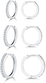 SAKUNALA Silver Hoops Earrings for Women, 3 Pairs 925 Sterling Silver Hoop Earrings Set, Small Unisex Sleeper Huggie Hinged Hoop Earrings, 3 Colors in Silver/Gold/Rose Gold, Diameter in 10/12/14mm
