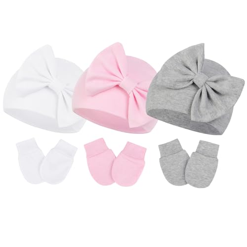 Image of Century Star Newborn Girls Hats Baby Hat and Mitten Set Big Bow Knit Infant Headbands Winter Baby Hat for Girls