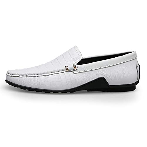 Fashion Embossed Penny Loafers for Men Genuine Leather Lightweight Comfortable Dress Wedding Casual Shoes Anti-Slip Flat Slip-on Round Toe(White,10)2