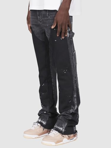 Giraropa Men's Splash Ink Print Patchwork Jeans Vintage Relaxed Fit Flare Jeans Raw Hem Denim Pants3