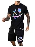 WDIRARA Men's 2 Piece Short Sets Graphic Print Short Sleeve T Shirts and Drawstring Shorts Clothing Set Black Printed Medium