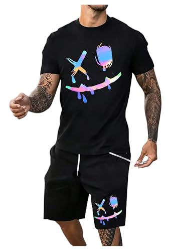 WDIRARA Mens 2 Piece Short Sets Graphic Print Short Sleeve T Shirts and Drawstring Shorts Clothing Set Black Printed Large