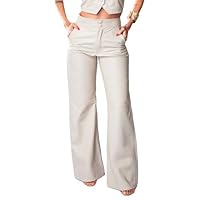 Calça Feminina Pantalona de Couro Legítimo Cintura Alta Paola – Igne Bull | Alfaiataria Premium (BR, Numérico, 42, Regular, Regular, Off White)