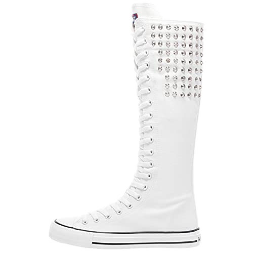 Image of ANUFER Women Fashion Canvas Dance Boots Knee High Bicycling Boots Girls Fancy School Shoes
