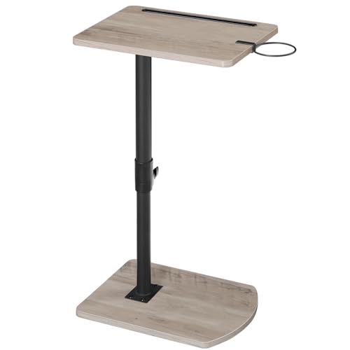 HOOBRO C-Form Beistelltisch Höhenverstellbar von 45,5-78 cm, 360° drehbarer Sofatisch mit Getränkehalter und Steckplatz, unter Sofa oder Bett verschiebbar, Greige und Schwarz EBG34SF01