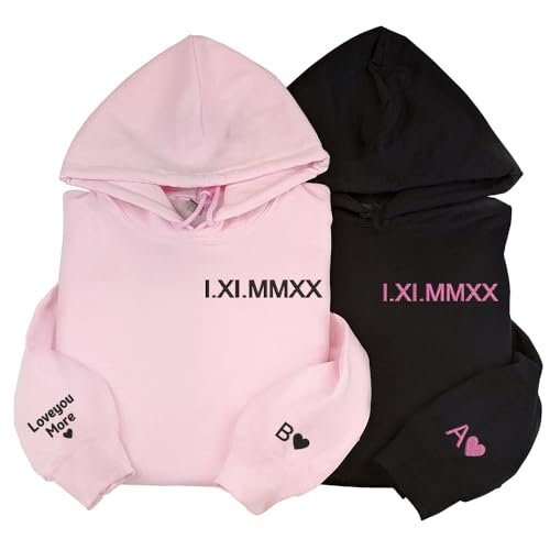 Personalized Embroidered Roman Numeral Unisex Hoodie Sweatshirt with Initials on Sleeve, Matching Couple Sweatshirt, Valentine's Day Gifts For Boyfriend Girlfriend, For Couple
