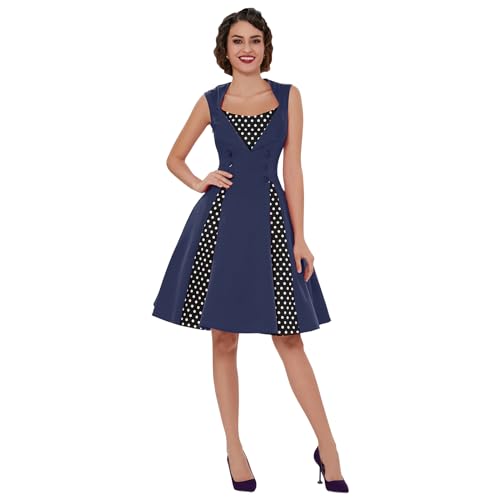 Image of KILLREAL Women's Vintage Polka Dot Print A-Line Pin Up Style Sleeveless Cocktail Party Casual Dress