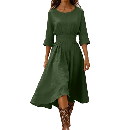 Jamicy Leinenkleider Damen Lang Sommerkleider Leicht Und Luftig Strandkleid Baumwolle Leinen Kleider Langarm Kleid Sommer Tunika Sommerkleid Frauen V-Ausschnitt Damenkleider Maxikleid Armeegrün M