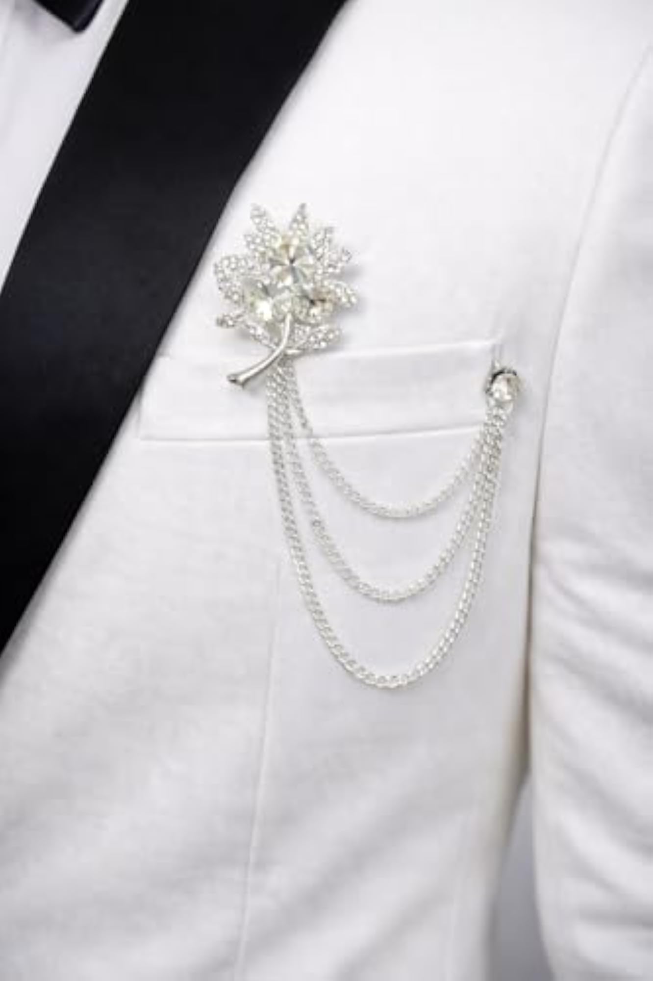Crystal Rhinestone Flower Brooch with Triple Chain