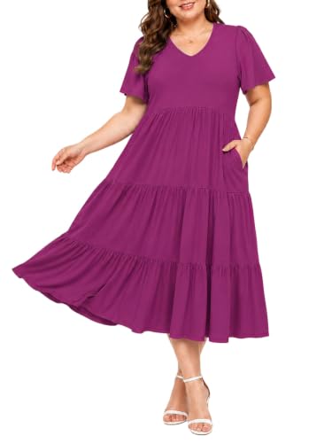 Image of Women's Plus Size Summer Dresses Floral Casual Tiered Midi Dresses V-Neck Short Sleeve Long Maxi Dress with Pockets