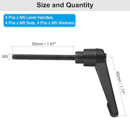 Image of uxcell 4pcs Lever Adjustable Handles M5 x 50mm Metric Male Thread with Nuts Washers, Level Clamping Handle Set Hand Stud Knobs Rotating Screw Handles Bolts with Locking Lever, Black