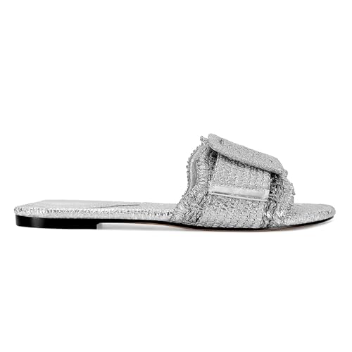 Image of ZJGZF Raffia Sandals for Women Buckle Straw flats Woven Braided Rattan Slides Summer Beach Sandals Comfort Cute Shoes