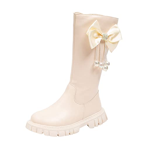 Children Shoes Long Boots High Boots Autumn and Winter New Girl Soft Bottom Leather Boots Western Boots (White, 10-10.5 Years Big Kids)