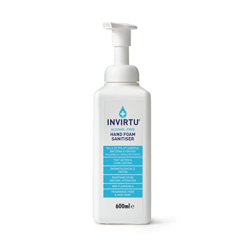 INVIRTU Alcohol Free Antibacterial Hand Sanitiser Foam (600ml) - Kills 99.9% Of Bacteria & Viruses - Large Hand Sanitiser Pump For Home & Professional Use – Non-Scented Disinfectant - Kind To Skin