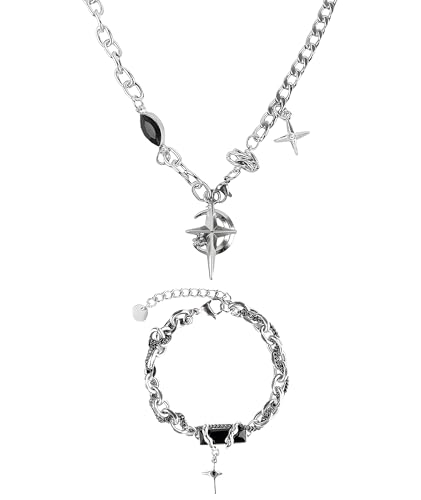 Image of 2 Pcs Gothic Jewellery Set, Edgy Moon Crescent and Star Necklace with Matching Chain Bracelet, Unisex Alternative Fashion Accessory for Men and Women, Perfect for Concerts, Festivals and Gift Giving