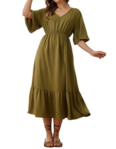 Image of Women's Summer Short Sleeve Maxi Floral Flowy Dresses with Pockets