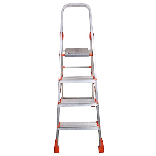 Image of BRANCO Heavy Duty Strong Durable Multipurpose Folding Ladder | Aluminium Safety Ladder with Anti-Slip Steps, Foldable Design, Platinum 4 Step Ladder for Home Use | Orange and Silver