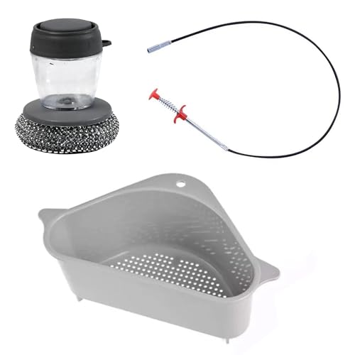 Image of Sulfar Combo of Soap Dispensing Palm Brush, Triangular Sink Drainer Shelf, Metal Wire Brush Sink Cleaning Device