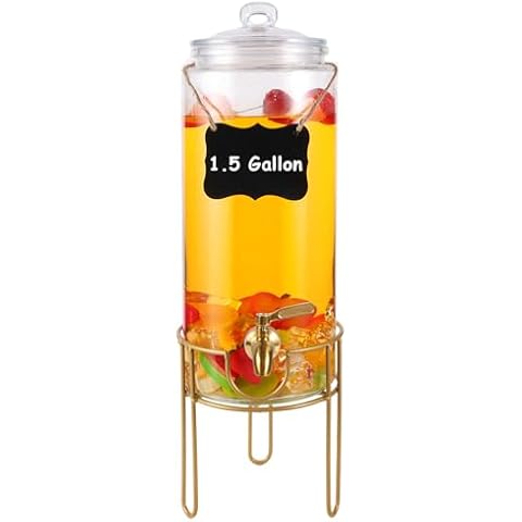 1.5 Gallon Drink dispenser, Glass Beverage Dispenser With Stand, Drink Dispensers for Parties With Stainless Steel Spigot + Marker & Chalkboard 100% Leakproof. Perfect For Parties And Daily Use Cover
